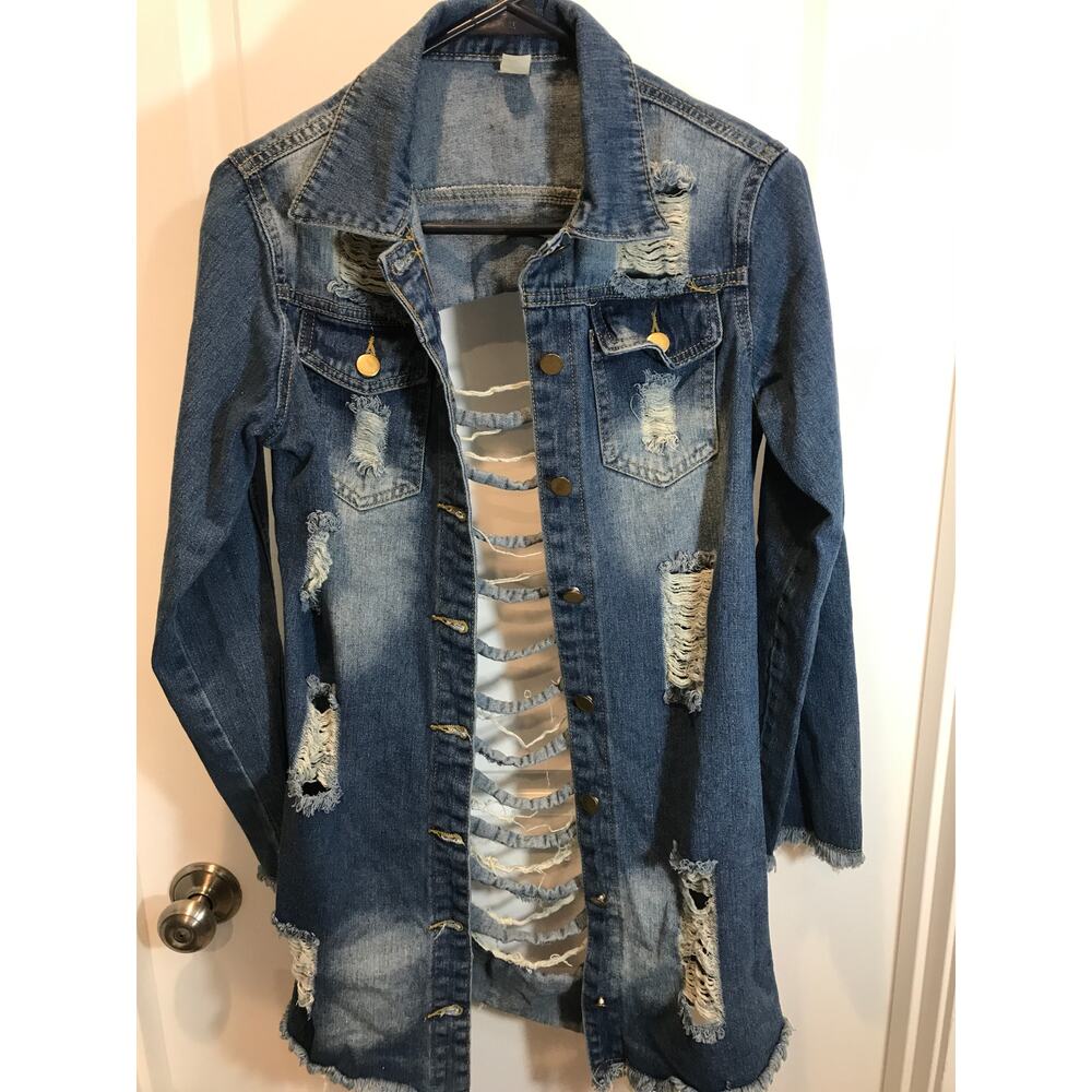 Distressed Long Denim Ripped Jacket Medium - Picture 5 of 5
